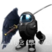 a black robot with wings and a sword in his hand .