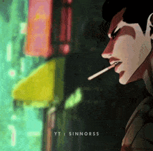 a cartoon of a man smoking a cigarette with yt sinnorss written on the bottom right