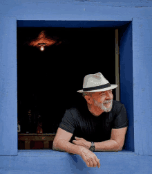 a man wearing a hat and a watch looks out of a window