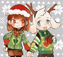 a girl and a goat holding hands wearing ugly sweaters