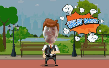 a cartoon of a man in a park with a speech bubble that says `` great shot '' .