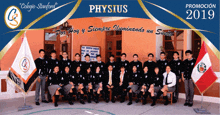 a group of people are posing for a photo in front of a poster that says physius