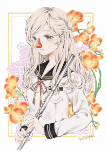 a girl with a red nose is holding a flute with flowers in the background