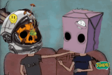 a cartoon of two people with boxes on their heads and a funker logo