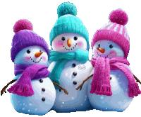 three snowmen wearing knitted hats and scarves with the letters a.c. on the bottom