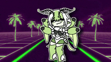 a cartoon drawing of a monster with horns standing on a road