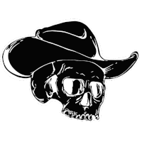 a black and white drawing of a skull wearing a black cowboy hat