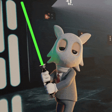 a cartoon character in a suit is holding a green lightsaber