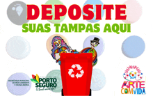 an advertisement for porto seguro with a red recycling bin in the foreground