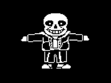 a pixel art drawing of sans from undertale with his arms outstretched .