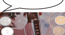 a girl is holding a sword in a video game with a speech bubble above her head .