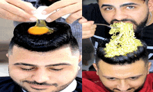 a man is eating noodles from a spoon in his hair