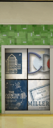 the inventive founder podcast is displayed on a green tile wall