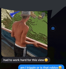 a shirtless man in a supreme hat stands on a balcony looking at a minecraft world