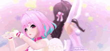 two anime girls are dancing together on a pink background .