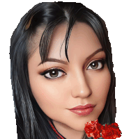 a woman with long black hair has a red rose in her mouth