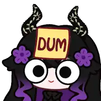 a cartoon character with horns and a sign that says dum on it