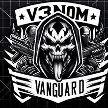 a black and white logo for v3nom vanguard with a skull