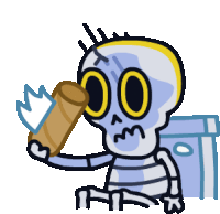 a cartoon drawing of a skeleton drinking from a can