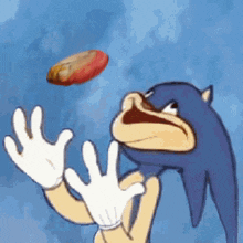 a cartoon of sonic the hedgehog throwing a hot dog in the air