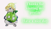 a picture of a girl holding a green apple with the words " thanks for visiting my profile have a nice day "