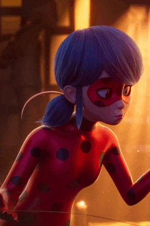 a ladybug animated character with blue hair and red polka dots