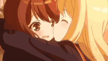 two anime girls are hugging each other and kissing each other on the cheek .