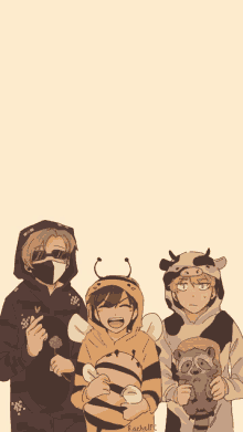 a drawing of three anime characters with one wearing a bee costume and one wearing a raccoon costume