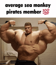 a very muscular man with the words average sea monkey pirates member 100 on the top