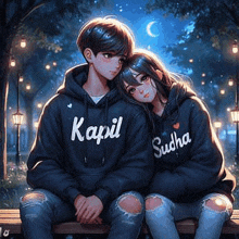 a boy and a girl are sitting on a bench with their heads together .