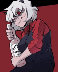 a cartoon character is holding a bottle of vodka in her hands .