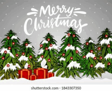 merry christmas greeting card with christmas trees and gifts in the snow