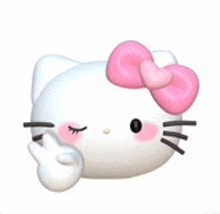 a hello kitty with a pink bow on her head is giving the peace sign .