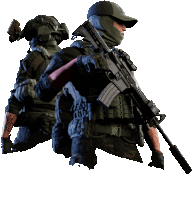 two soldiers are standing next to each other with one holding a gun and the other holding a helmet