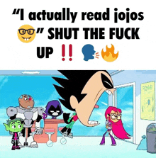 a group of cartoon characters standing next to each other with the caption " i actually read jojos "