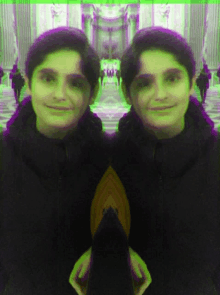 a purple and green image of a person with a reflection