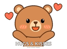 a teddy bear with hearts around it and the words hugs & kisses