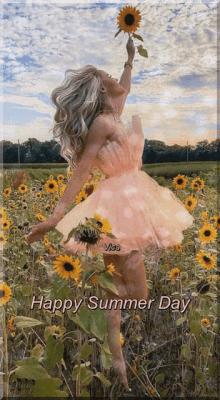 a woman in a pink dress is holding a sunflower in a field of sunflowers with the words happy summer day below her