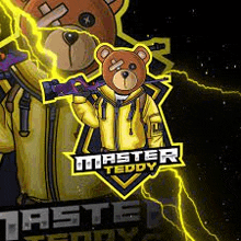 a teddy bear in a yellow jacket is holding a gun in front of lightning .