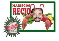 a poster for mariscos recio with a man 's face and crabs