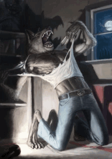 a painting of a werewolf taking off his shirt