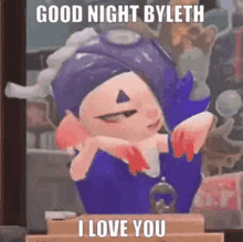 a cartoon octopus is saying good night byleth i love you in a video game .