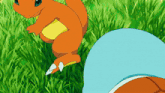 a cartoon character is standing in the grass with a blue turtle behind it