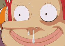 a close up of a cartoon face with a tear coming out of it