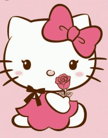 hello kitty is wearing a pink dress and holding a rose in her mouth