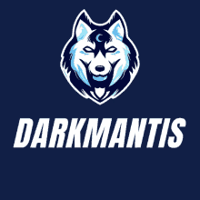 a logo for dark mantis with a husky head on a blue background