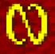 a pixel art image of a yellow letter n on a red background .