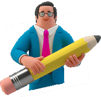 a cartoon man is holding a large yellow pencil