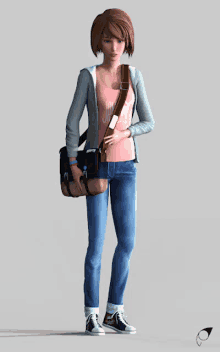 a 3d rendering of a girl holding a bag