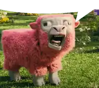 a pink sheep with a white speech bubble above it